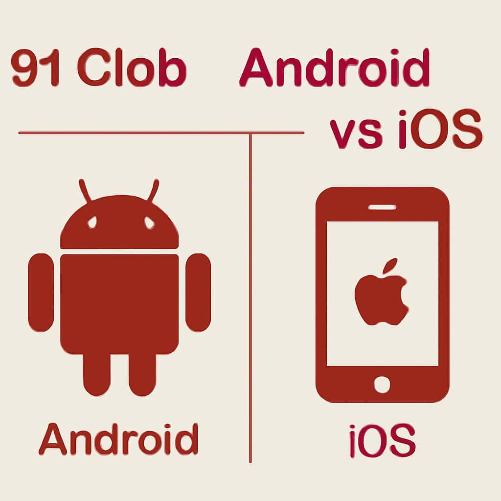 An educational diagram detailing the installation differences of 91 Clob app on Android and iOS.