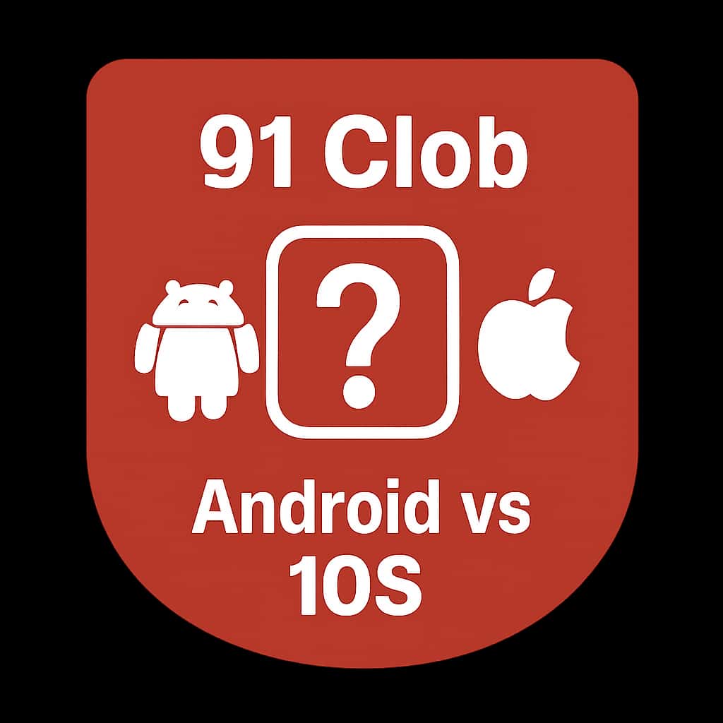 A sleek badge illustrating 91 Clob for Android and iOS.