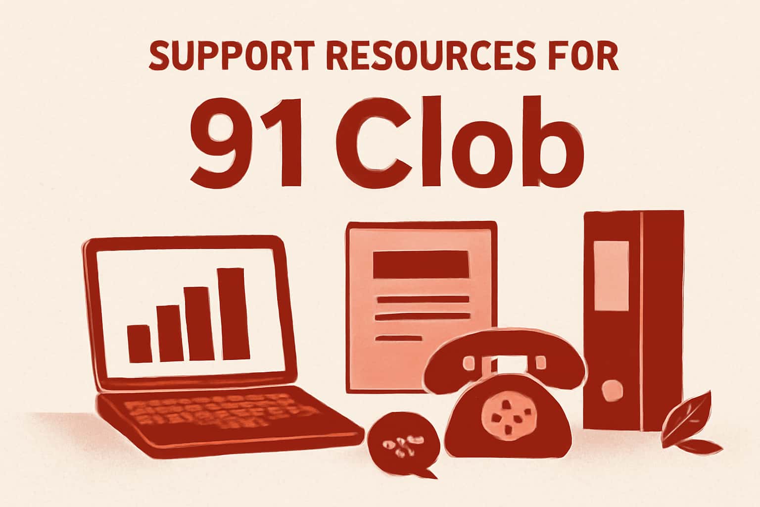 A modern and informative graphic showcasing support resources for 91 Clob.